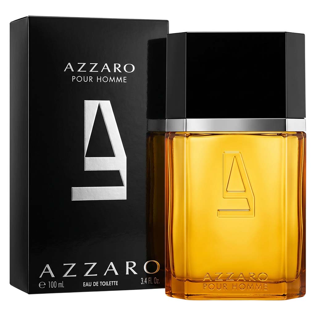 Azzaro Pour Homme perfume bottle and packaging on a white background