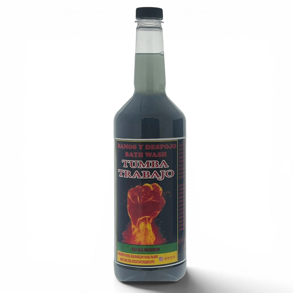 A bottle of Tumba Trabajo bath wash with a black cap and a dark label featuring a red and yellow raised fist graphic, set against a plain white background.