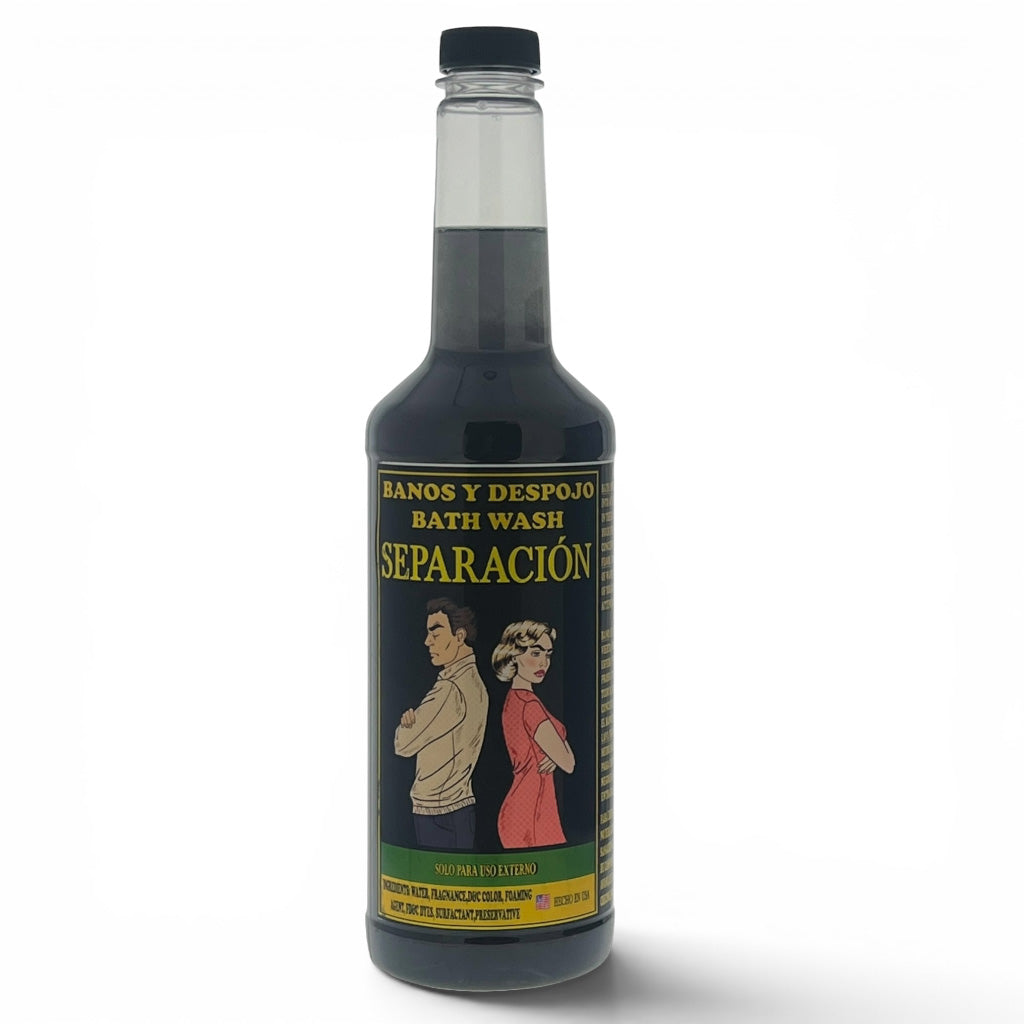 A bottle of Separación bath wash with a black label featuring a vintage-style illustration of a man and a woman, on a white background.