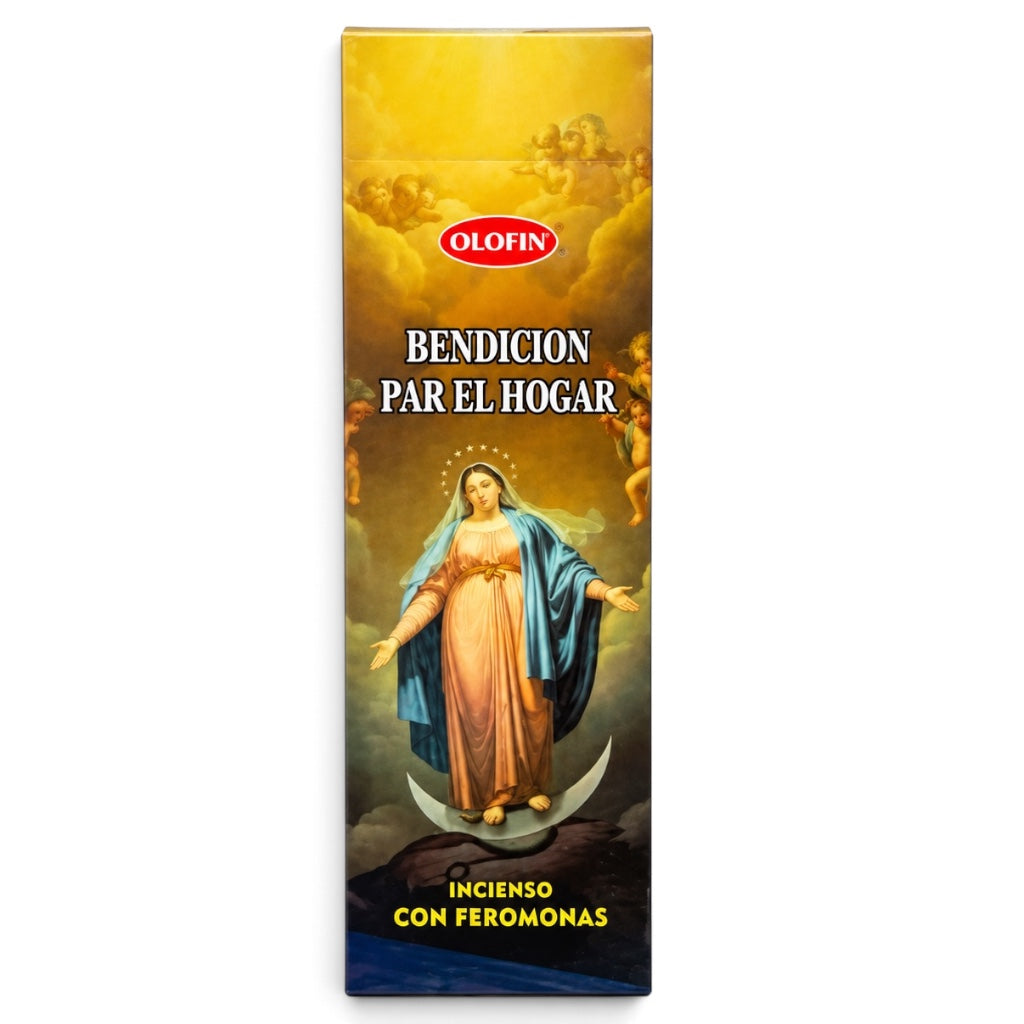 Olofin Bendicion Par El Hogar incense box featuring a religious illustration of the Virgin Mary on a crescent moon against a golden sky background.