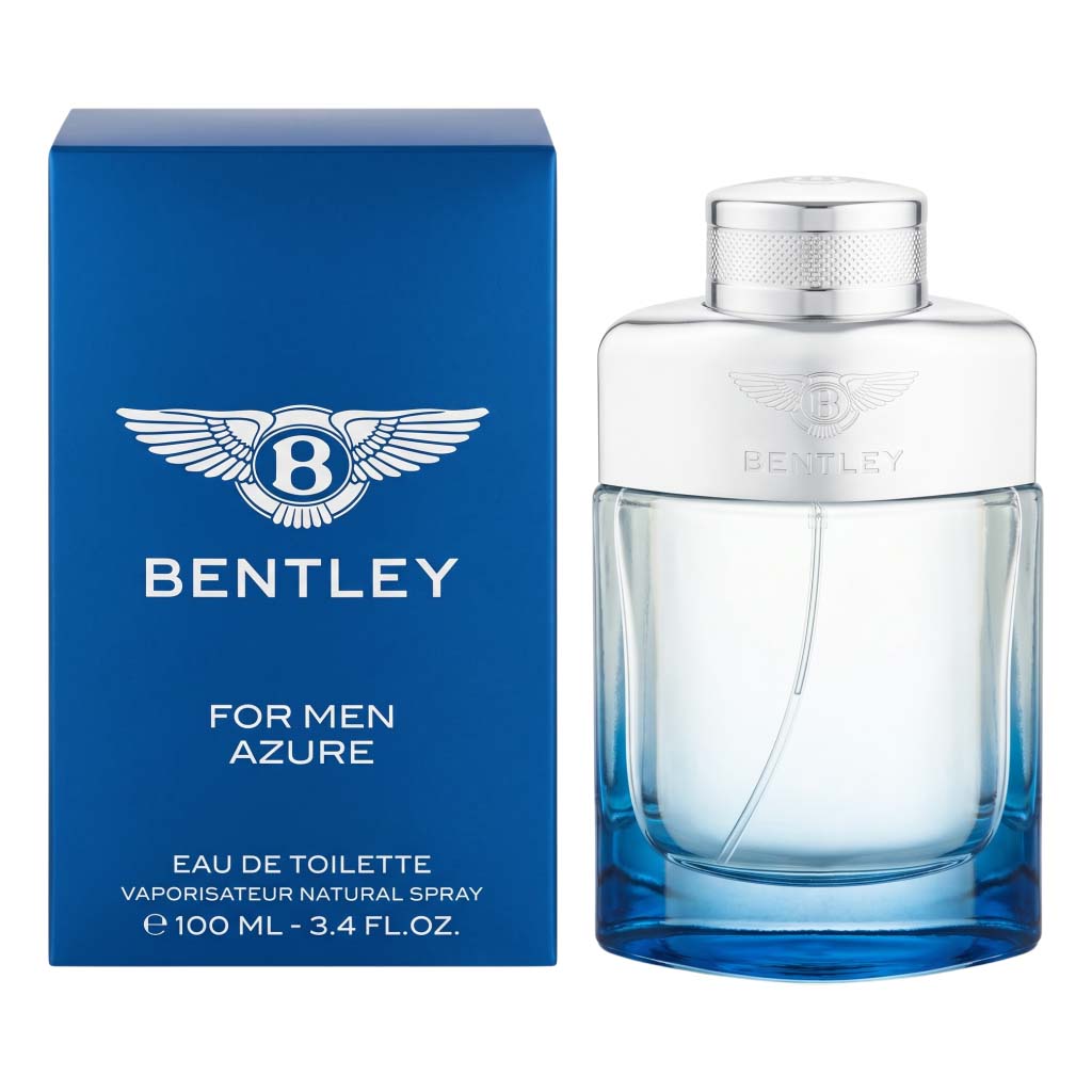 Bentley for Men Azure eau de toilette bottle and packaging on a white background