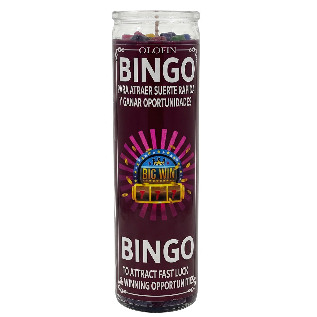 A tall glass jar candle with a dark purple label featuring the word 'OLOFIN' and 'BINGO' in large white letters, plus a colorful casino-style slot machine graphic and Spanish and English text about quick luck and opportunities.
