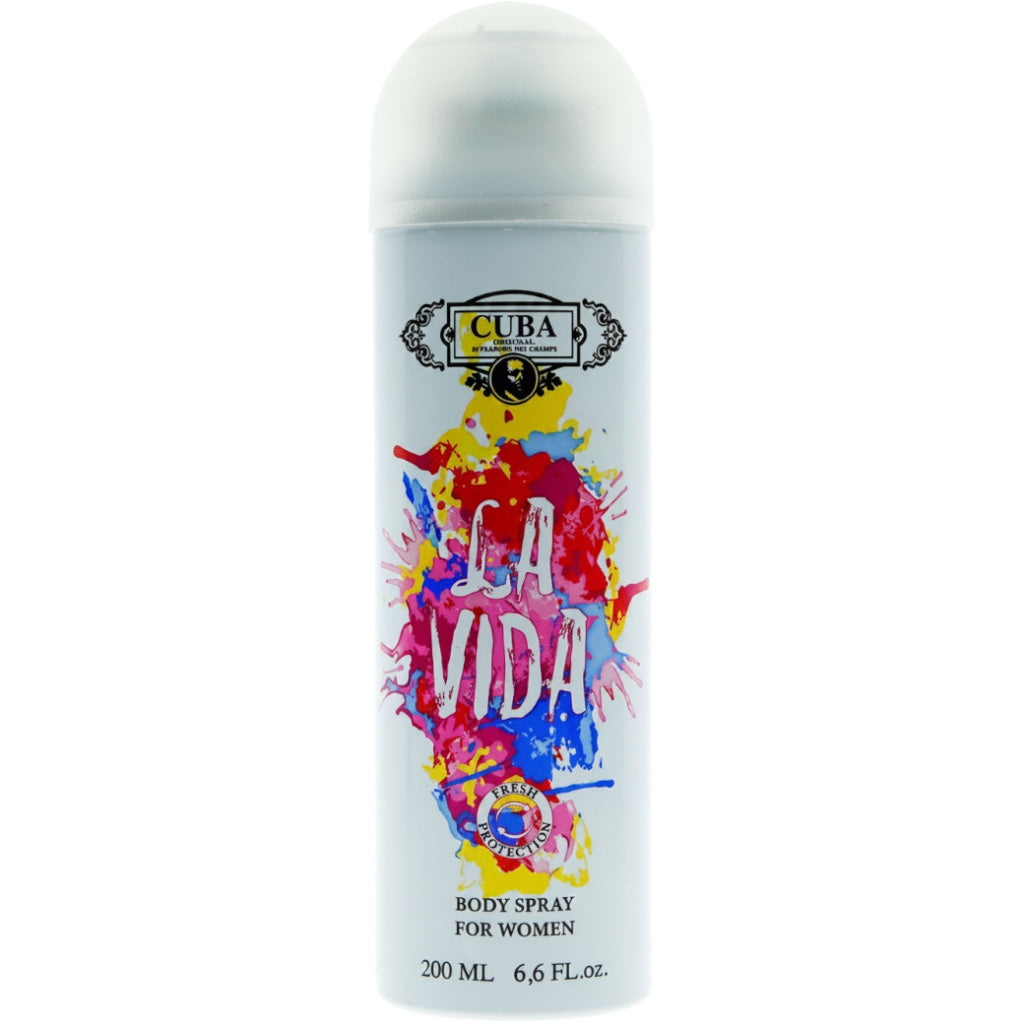 Body spray bottle with colorful design and 'Cuba' branding on a white background