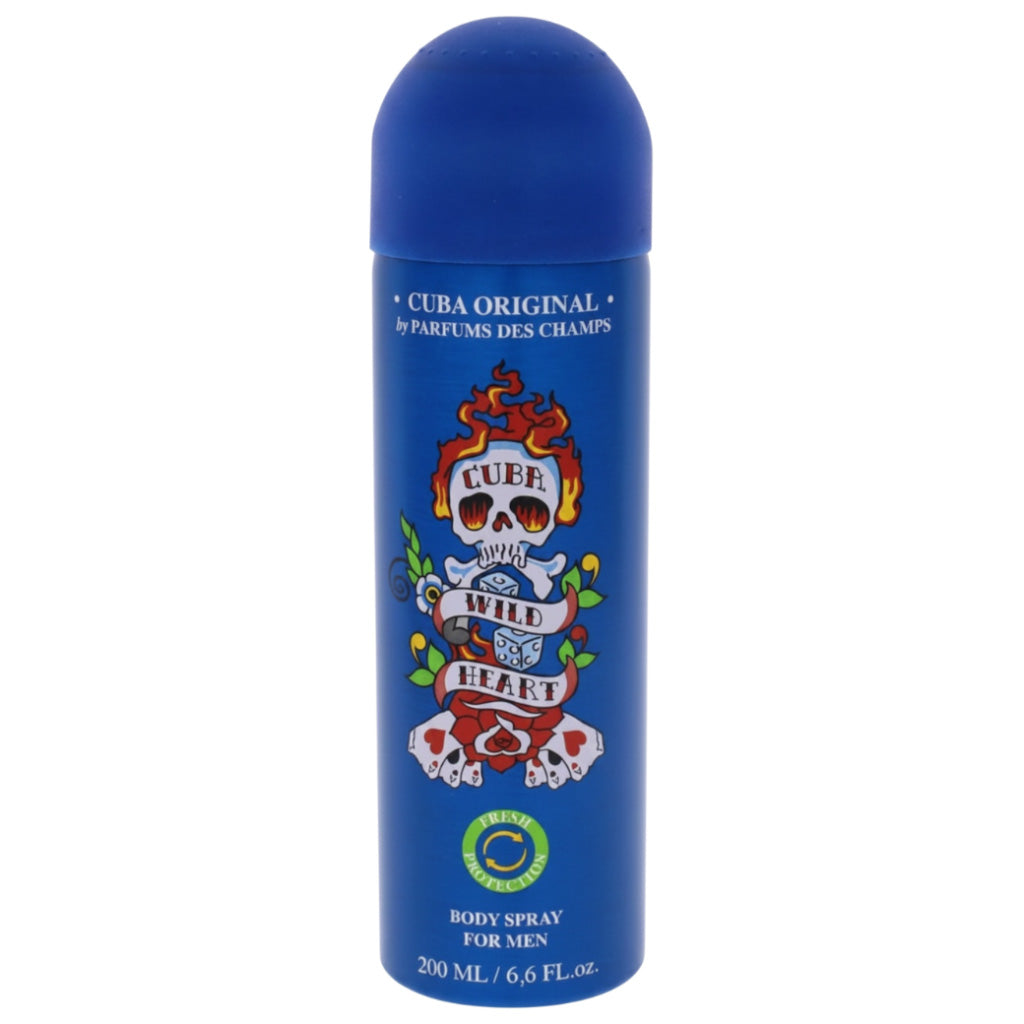 Blue body spray bottle with colorful design on a white background
