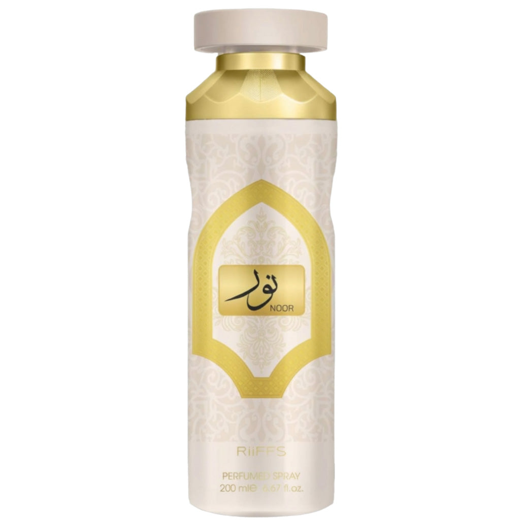 Perfume bottle with gold and white design on a white background