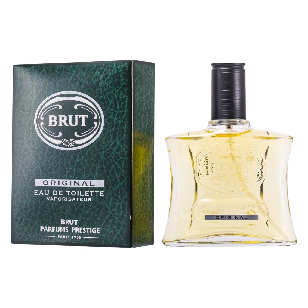 Brut perfume bottle and packaging on a white background
