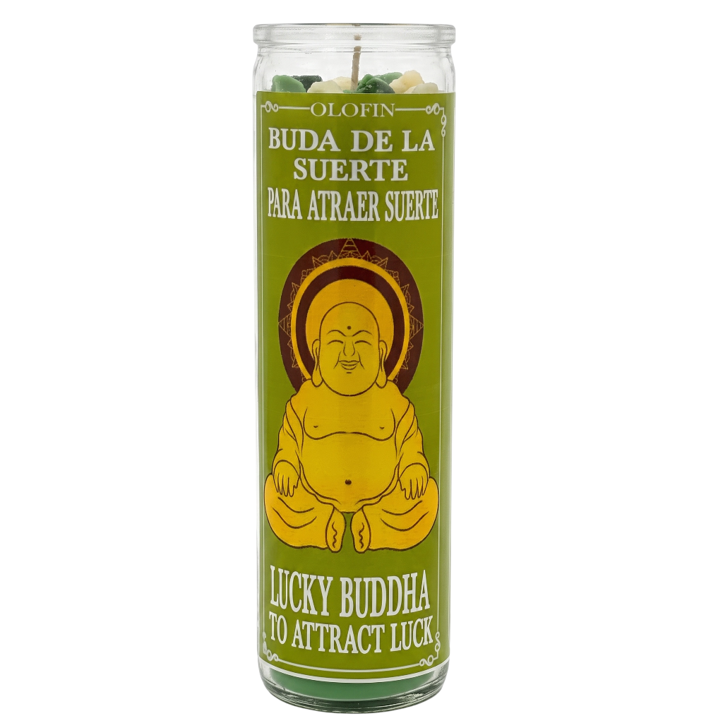 A tall glass jar candle with a green label featuring a yellow Buddha illustration and Spanish and English text reading 'Buda de la Suerte' and 'Lucky Buddha to Attract Luck.'.