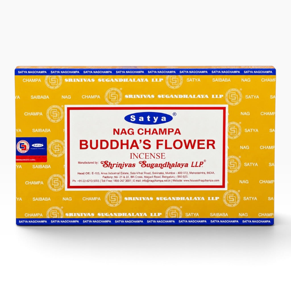 A rectangular box of Satya Nag Champa Buddha's Flower Incense on a clean white background. The box features a bright yellow face with a central white label bordered in red, and blue bands at the top and bottom.