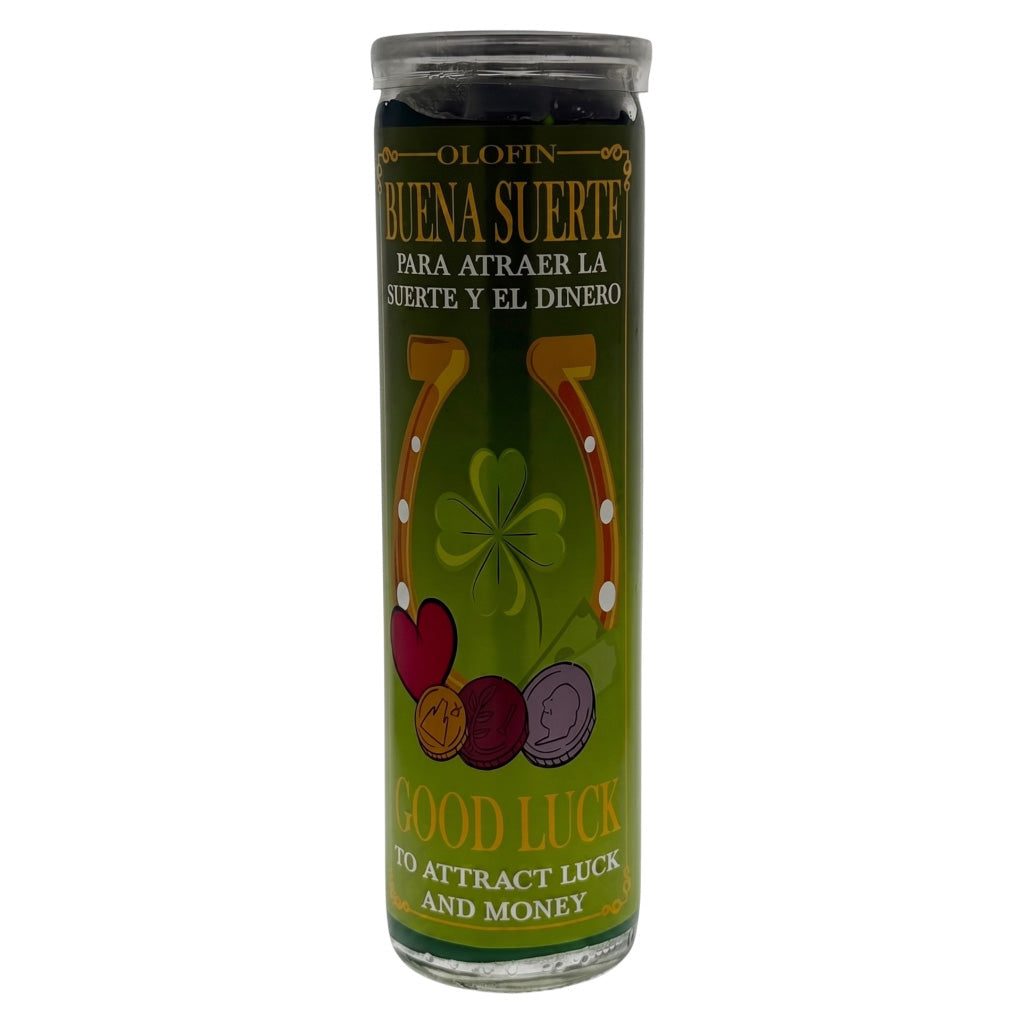  good luck candle by Olofin in a tall glass jar with a green label featuring a shamrock, horseshoe, coins, and the text 'Buta Suerte' and 'Good Luck to Attract Luck and Money'.