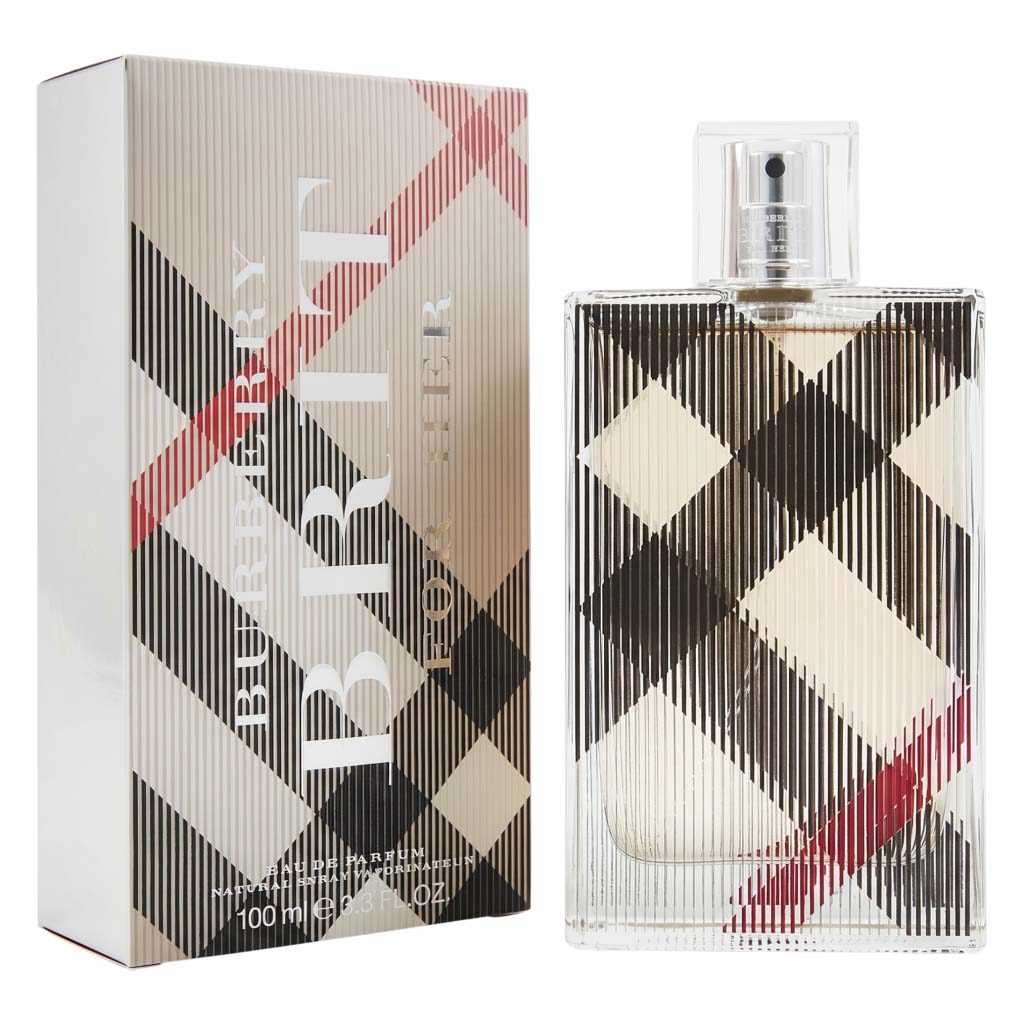 Burberry Brit perfume bottle and packaging with checkered design on a white background