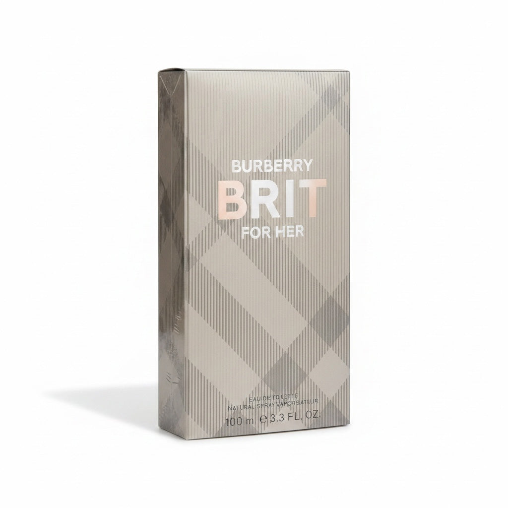 Burberry Brit for Her perfume packaging on a white background