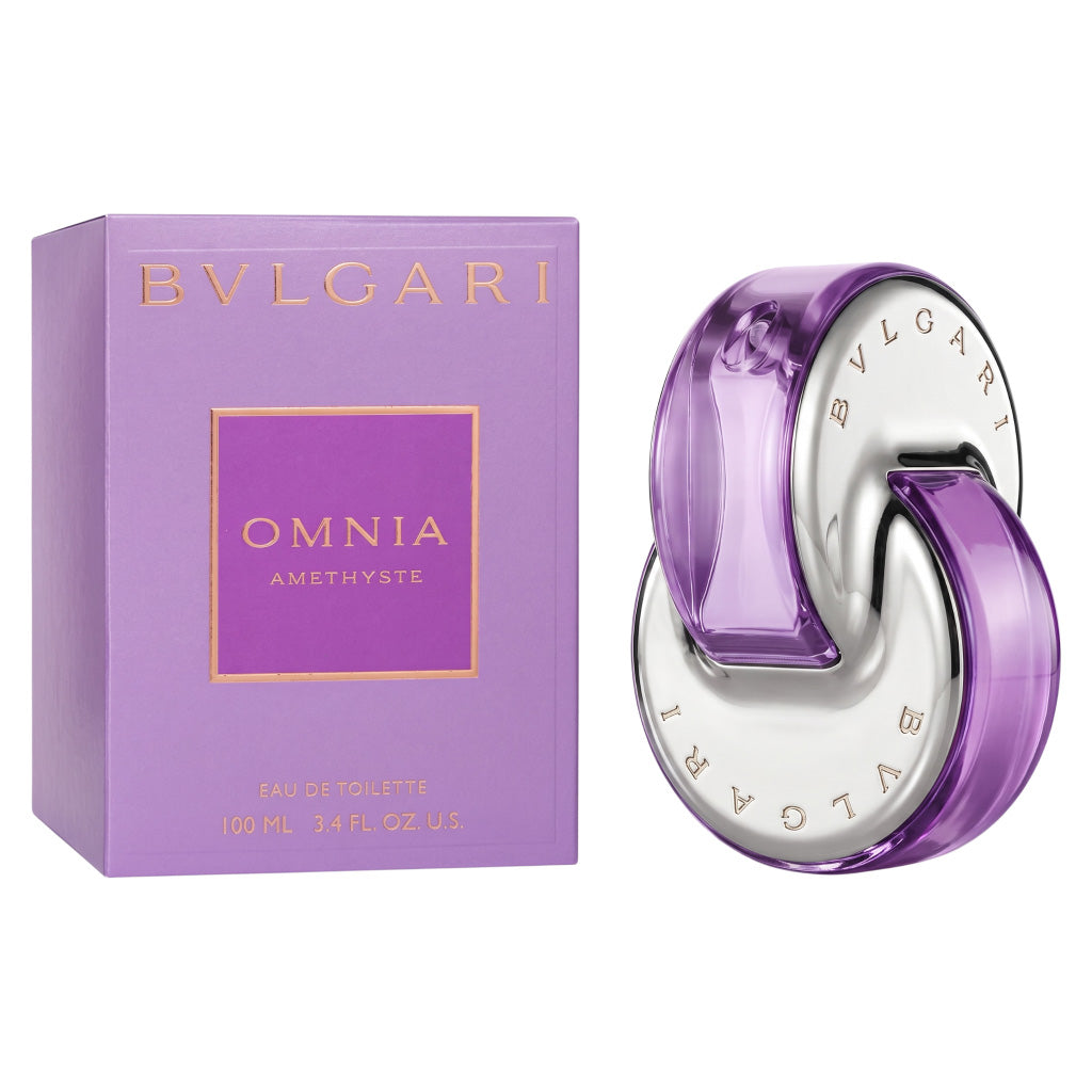 Bulgari Omnia Amethyste perfume bottle and packaging on a white background