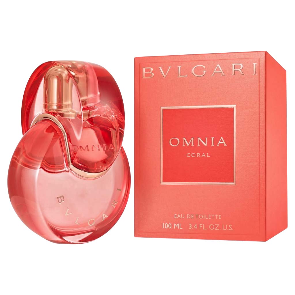 Bulgari Omnia Coral perfume bottle and packaging on a white background