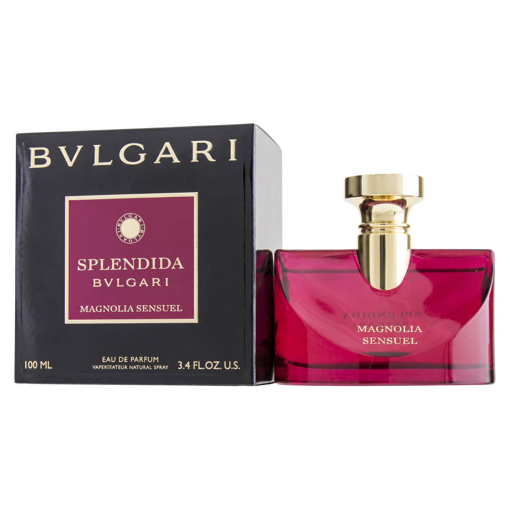 Bulgari Splendida Magnolia Sensuel perfume bottle and packaging on a white background