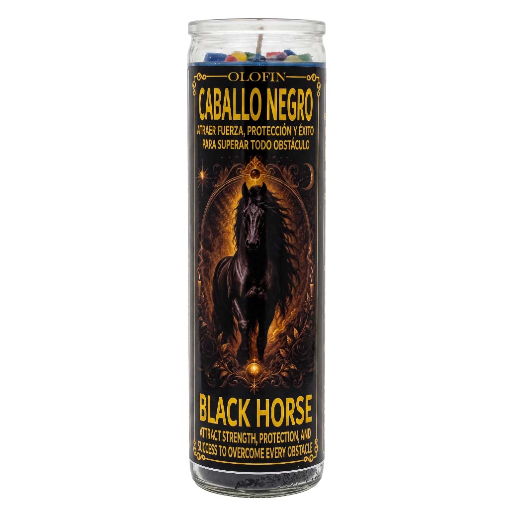 A tall glass prayer candle with a black label featuring a black horse illustration and Spanish text reading 'Caballo Negro' and 'Black Horse.' The candle is shown upright on a plain white background.