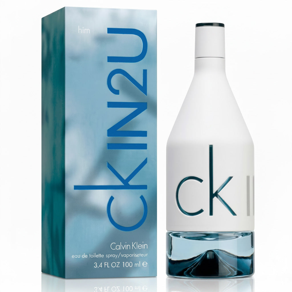 Calvin Klein CK IN2U perfume bottle and packaging on a white background