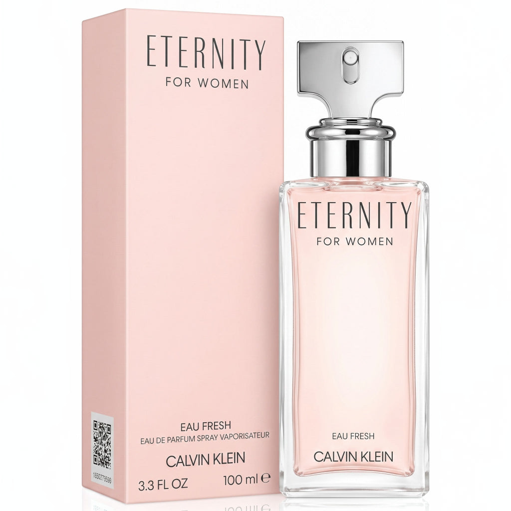 Calvin Klein Eternity for women perfume bottle and packaging on a white background