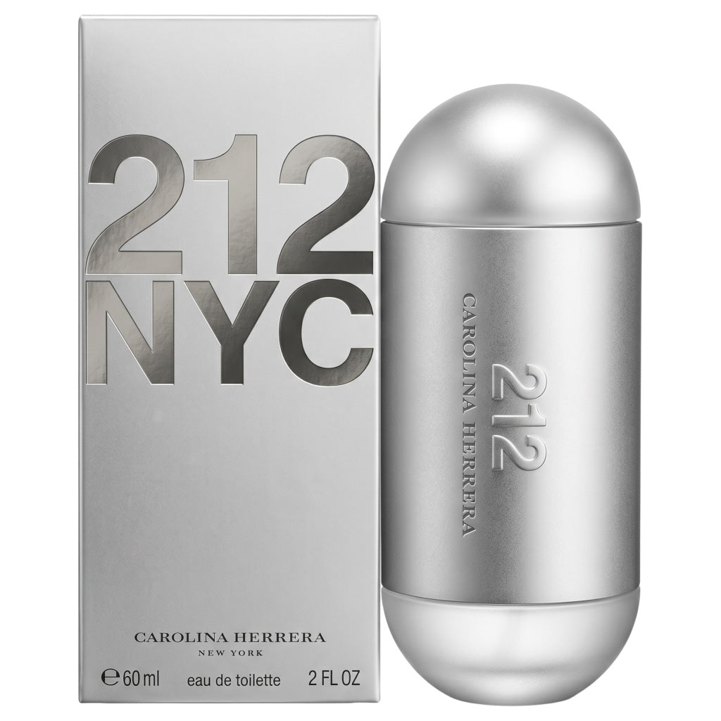 Carolina Herrera 212 NYC perfume bottle and packaging on a white background