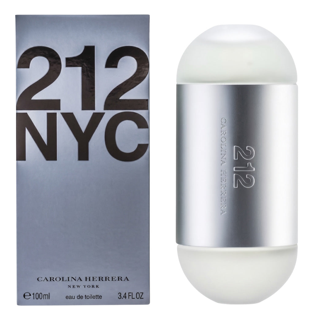 Carolina Herrera 212 NYC perfume bottle and packaging on a white background