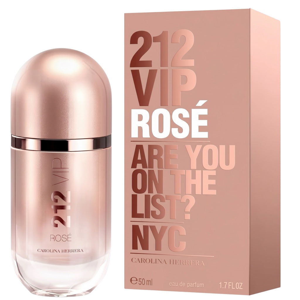Carolina Herrera 212 VIP Rosé perfume bottle and packaging on a white background