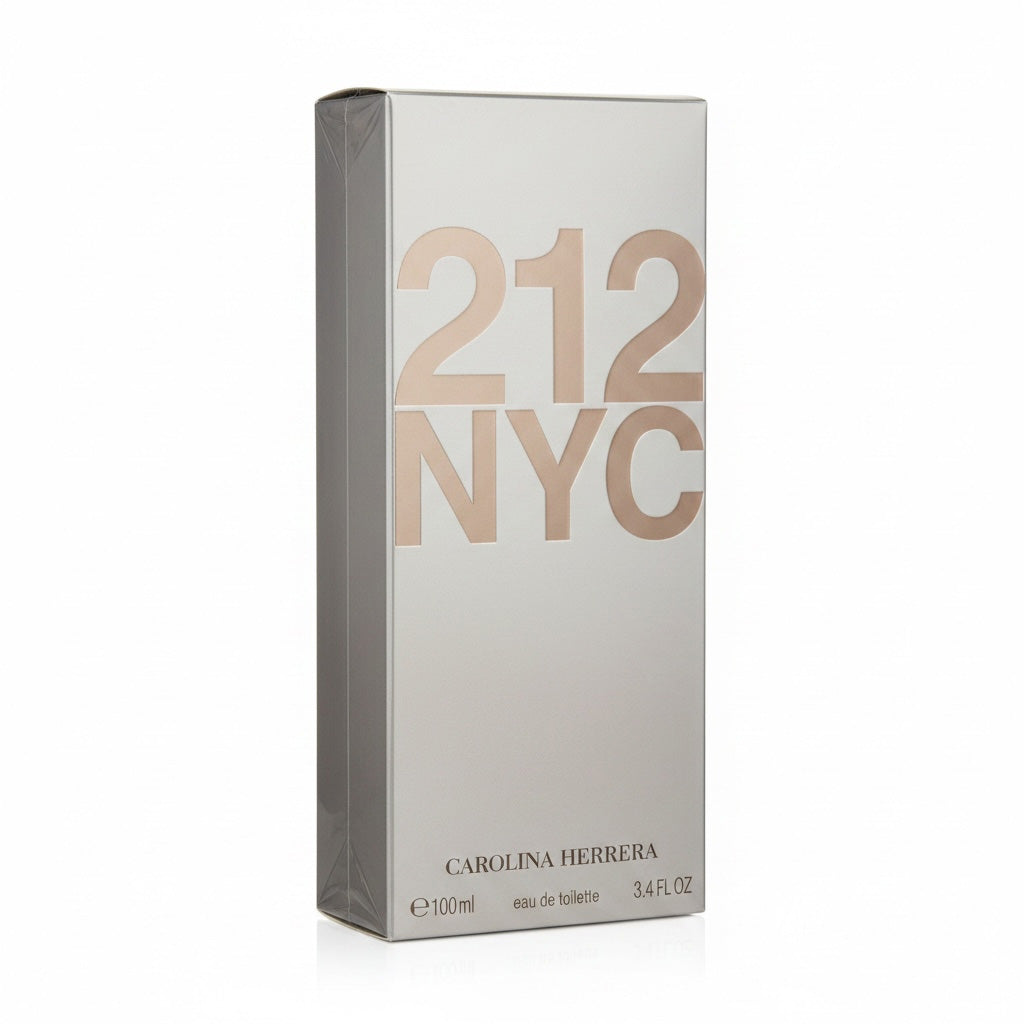 Carolina Herrera 212 NYC perfume box on a white background