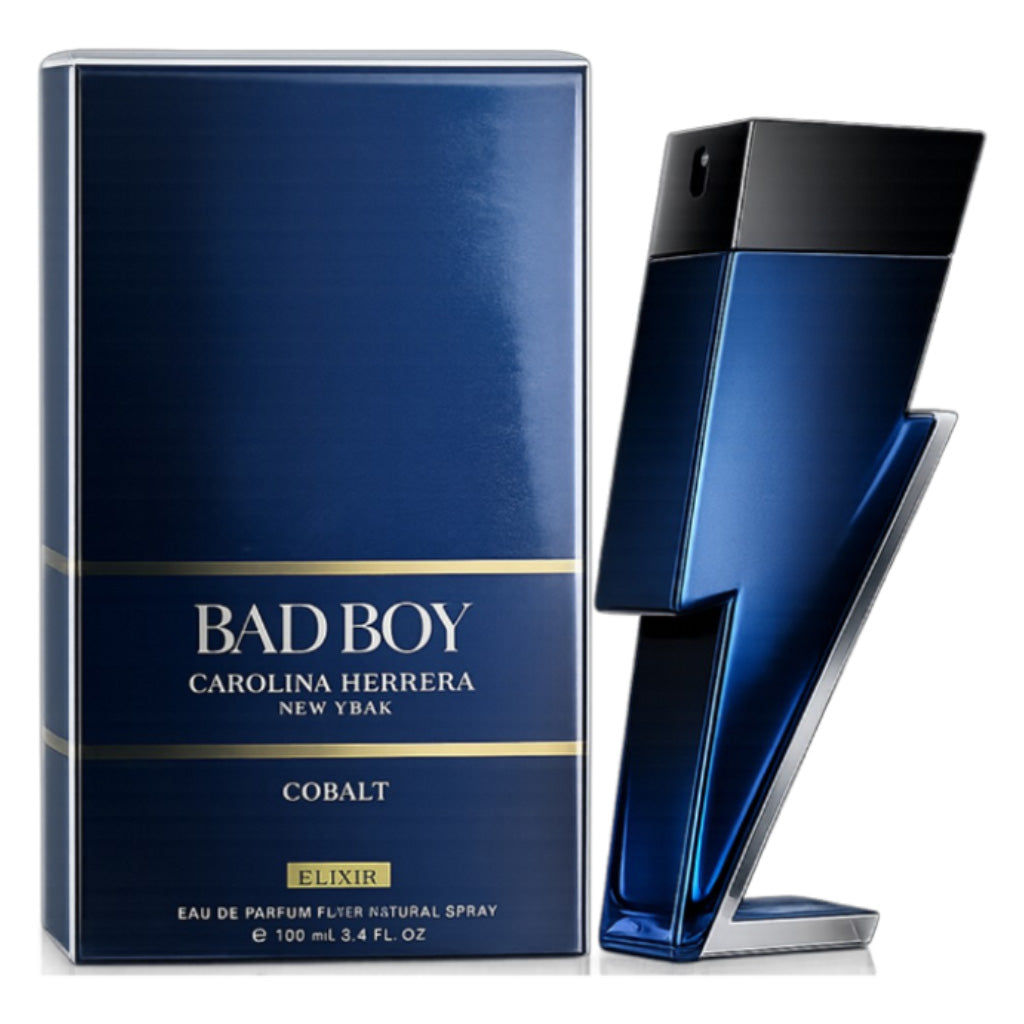 Carolina Herrera Bad Boy Cobalt perfume bottle and packaging on a white background