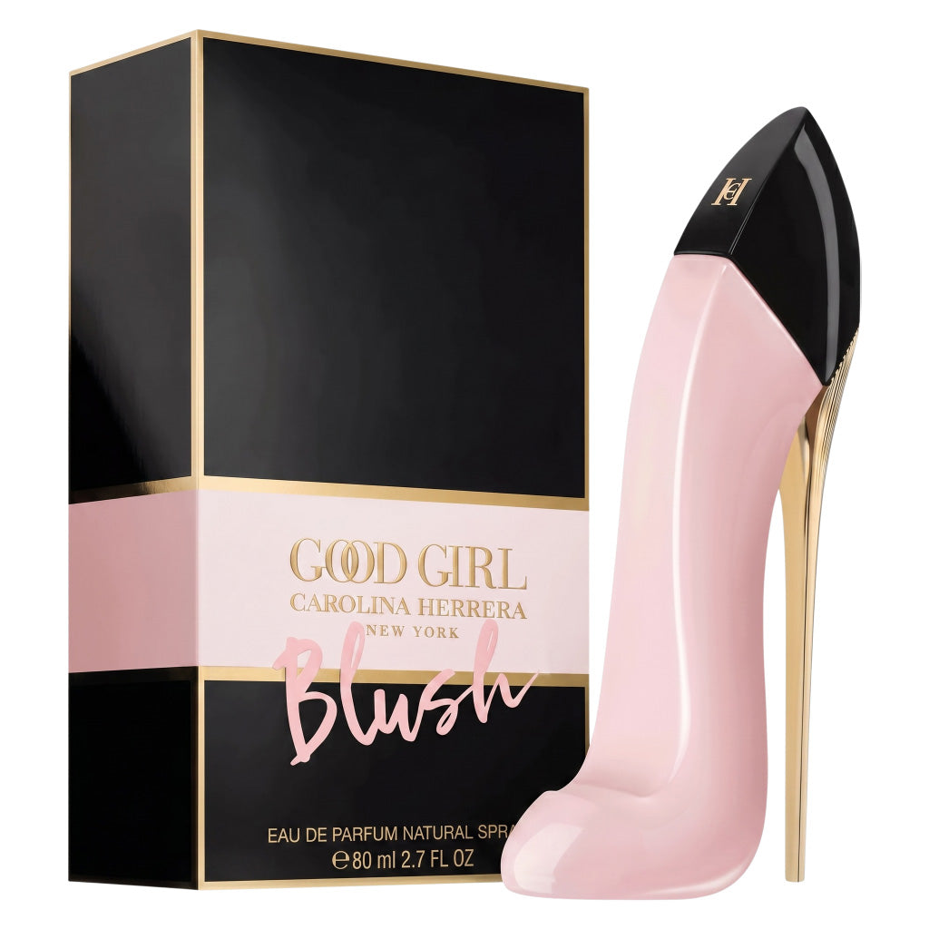 Carolina Herrera Good Girl Blush perfume packaging with a pink high-heeled shoe.