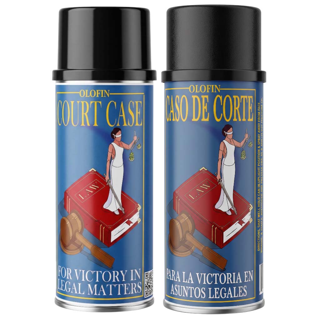Two identical Olofin Court Case spray paint cans on a plain white background. The cans have black caps and blue labels featuring a red law book, a gavel, and a depiction of Lady Justice.