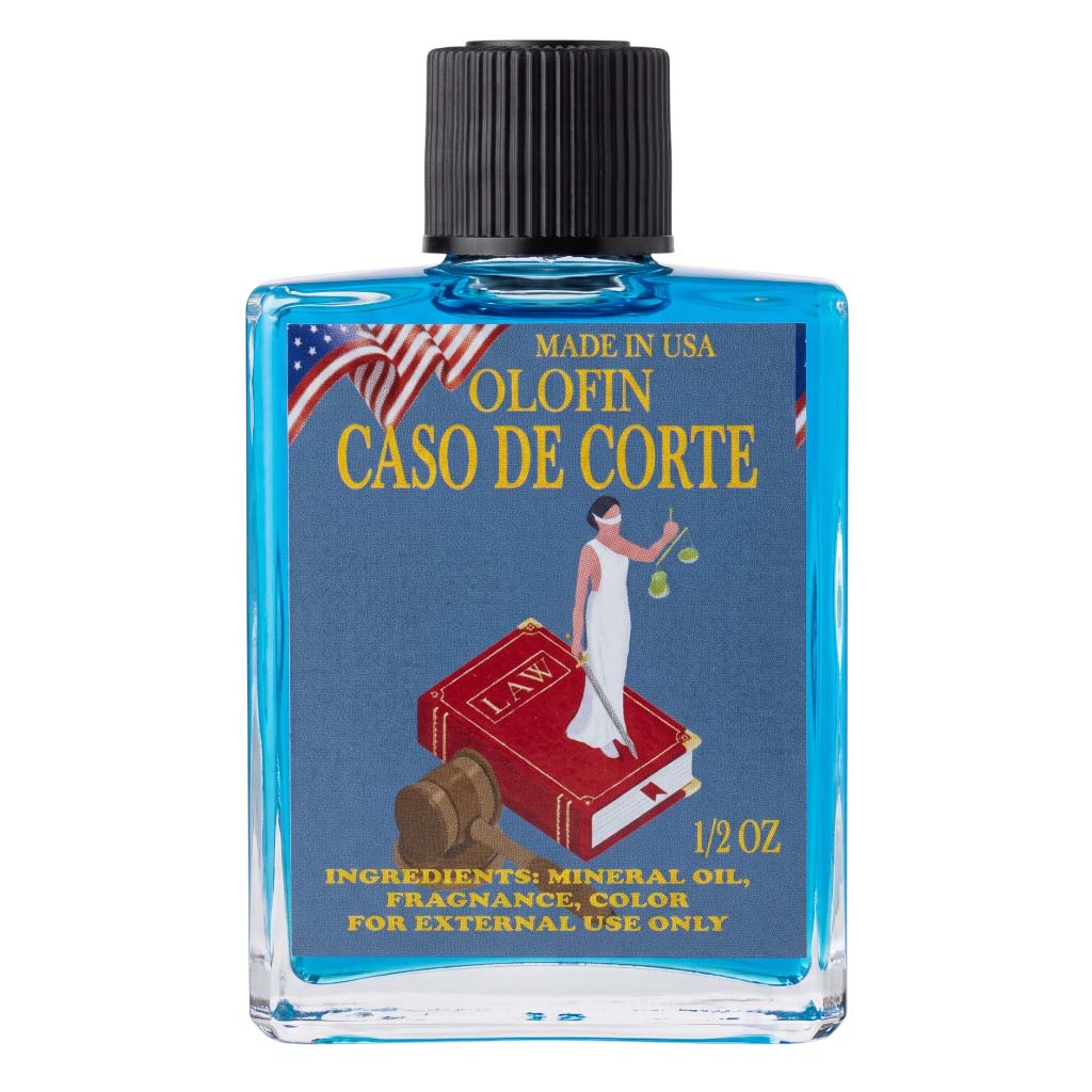 A 1/2 oz bottle of Olofin 'Caso de Corte' mineral oil fragrance. The product is in a clear glass bottle showing the blue liquid inside, topped with a black ribbed cap.