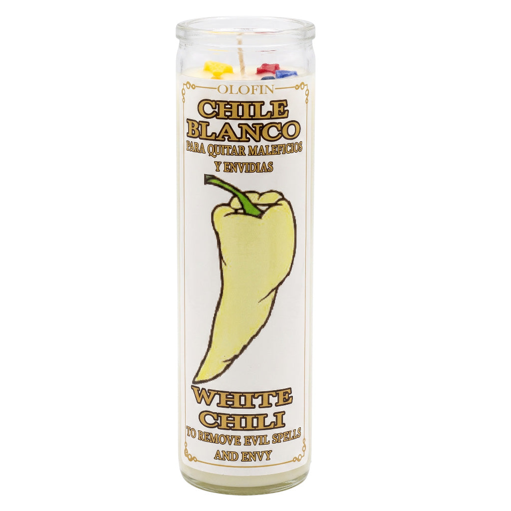 A tall glass jar candle labeled 'Olofin Chile Blanco' with a large illustration of a yellow chili pepper on a white label, shown on a plain white background.
