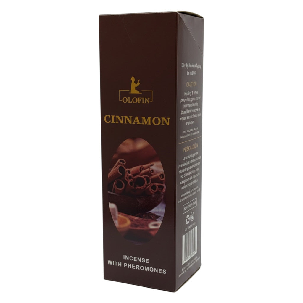 A tall, dark brown rectangular box of Olofin Cinnamon Incense with Pheromones, featuring gold lettering and a graphic of cinnamon sticks on a white background.