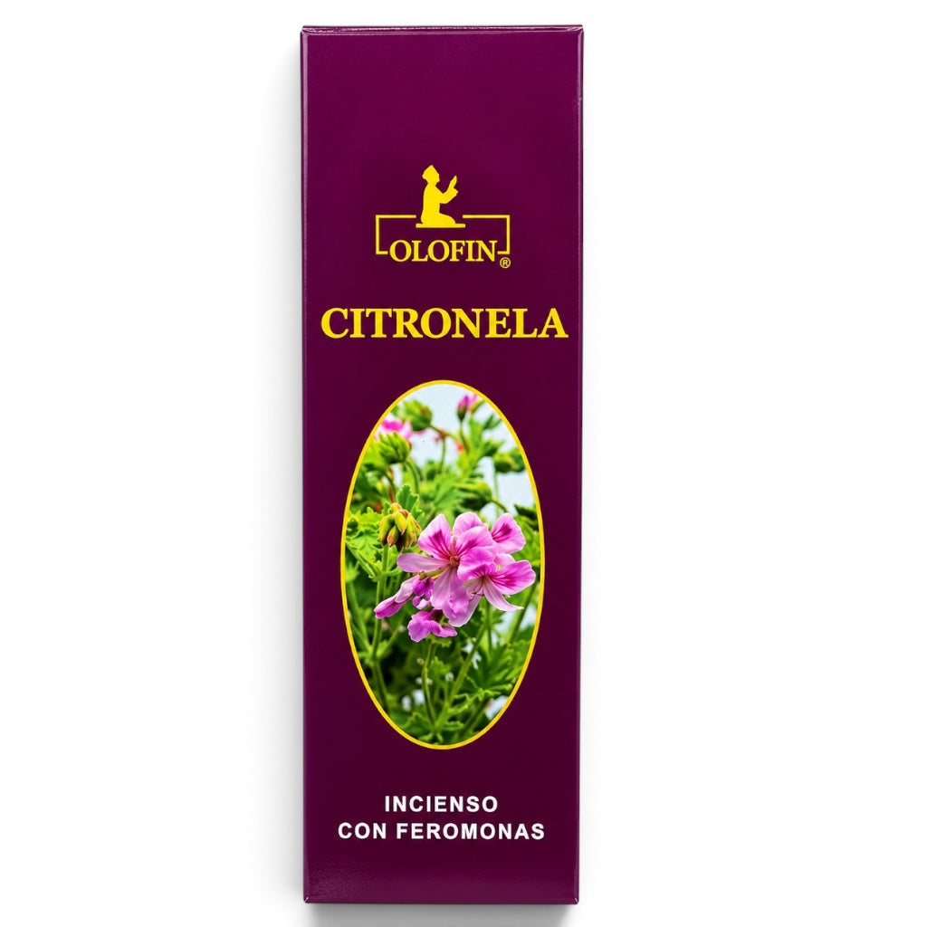 A tall rectangular purple box for Olofin Citronela incense with a photo of pink flowers in the center, shown on a plain white background.
