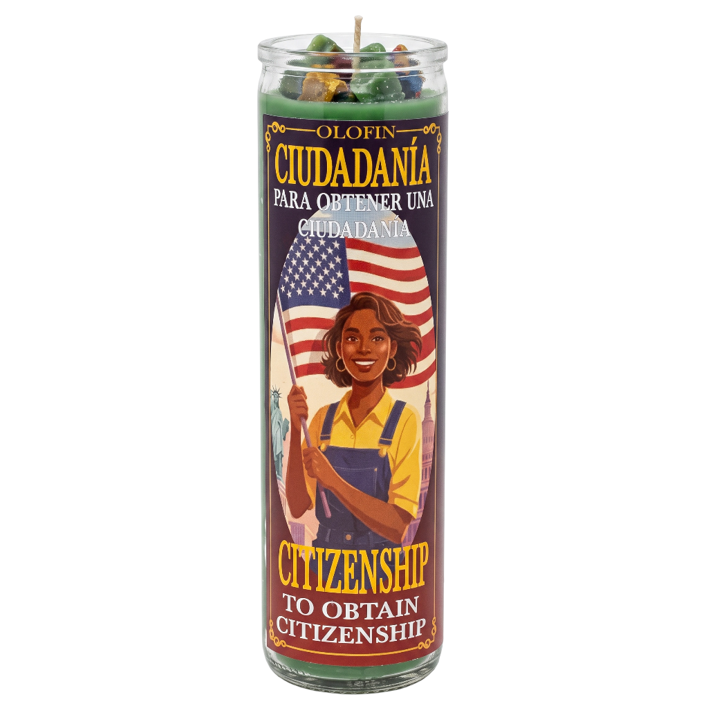 A tall glass jar candle with a printed label reading 'Olofin Ciudadánia Para Obtener Una Ciudadanía' and 'Citizenship To Obtain Citizenship.' The label shows an illustrated woman holding an American flag, with green wax visible at the top of the clear glass container.