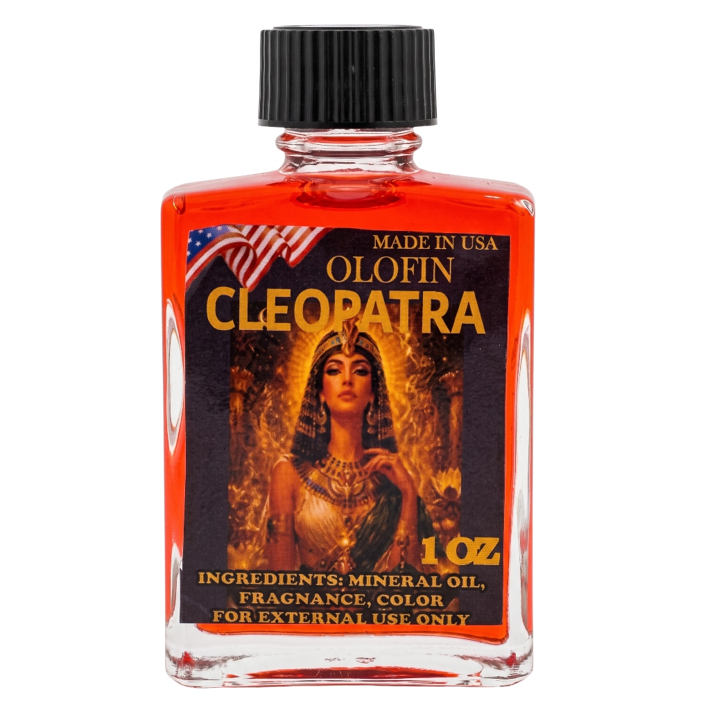 A 1 oz glass bottle of Olofin Cleopatra fragrance oil, filled with bright red liquid and featuring a black cap, on a white background.