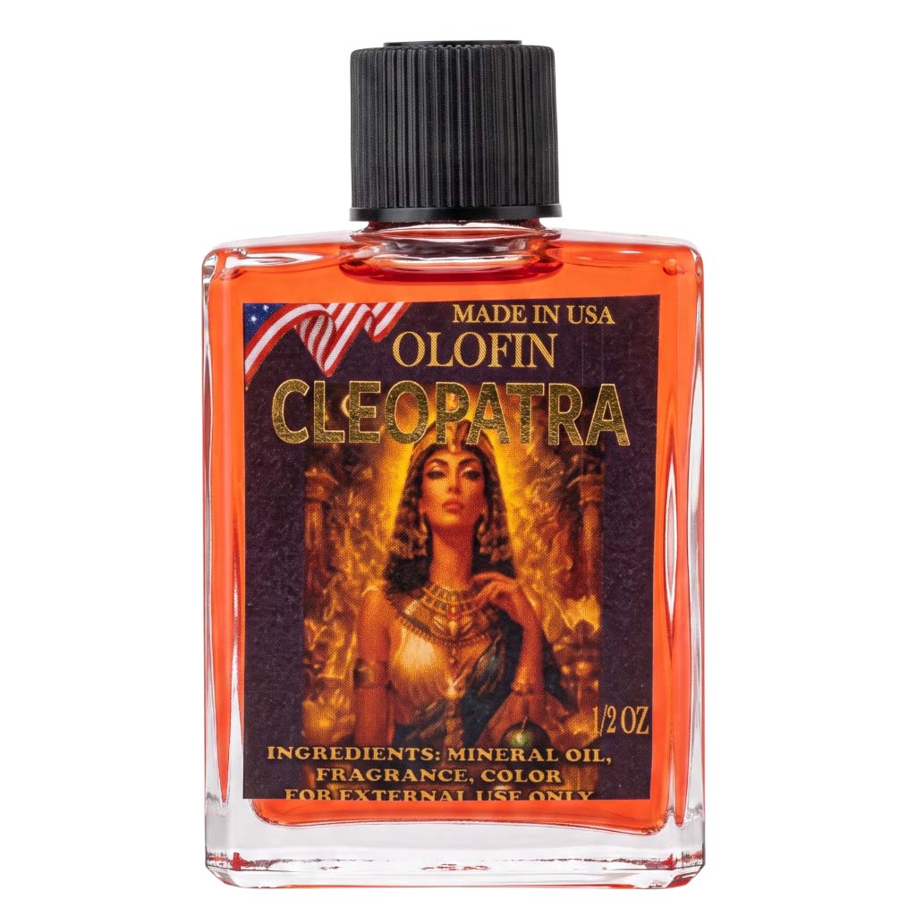 A 1/2 oz bottle of Olofin Cleopatra fragrance oil. The clear glass bottle is filled with vibrant orange-red liquid and features a black ribbed cap.