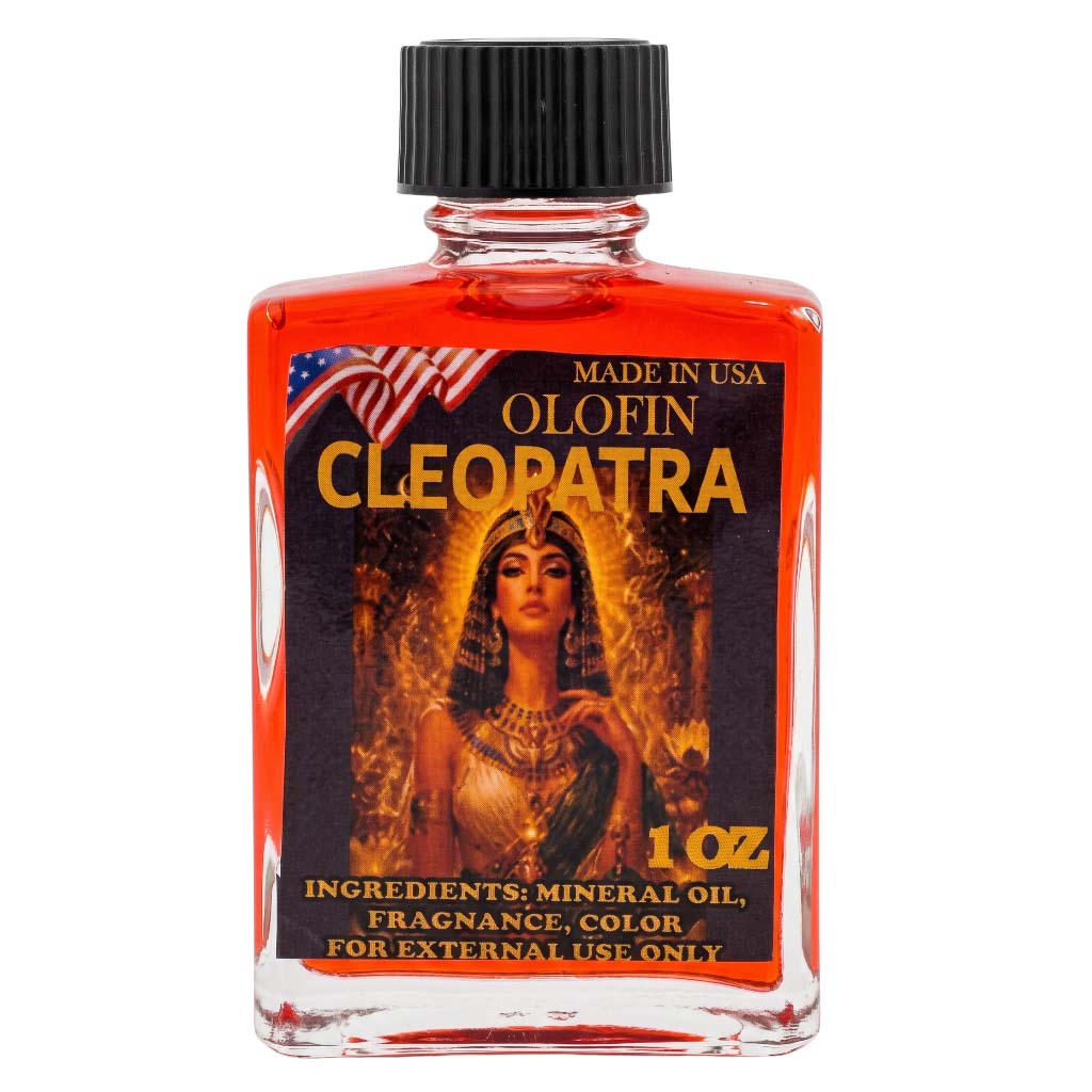 A 1 oz glass bottle of Olofin Cleopatra fragrance oil, filled with bright red liquid and featuring a black cap, on a white background.