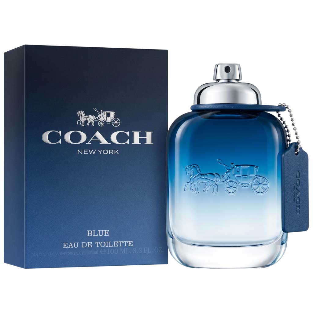 Coach New York Blue Eau de Toilette bottle and packaging on a white background