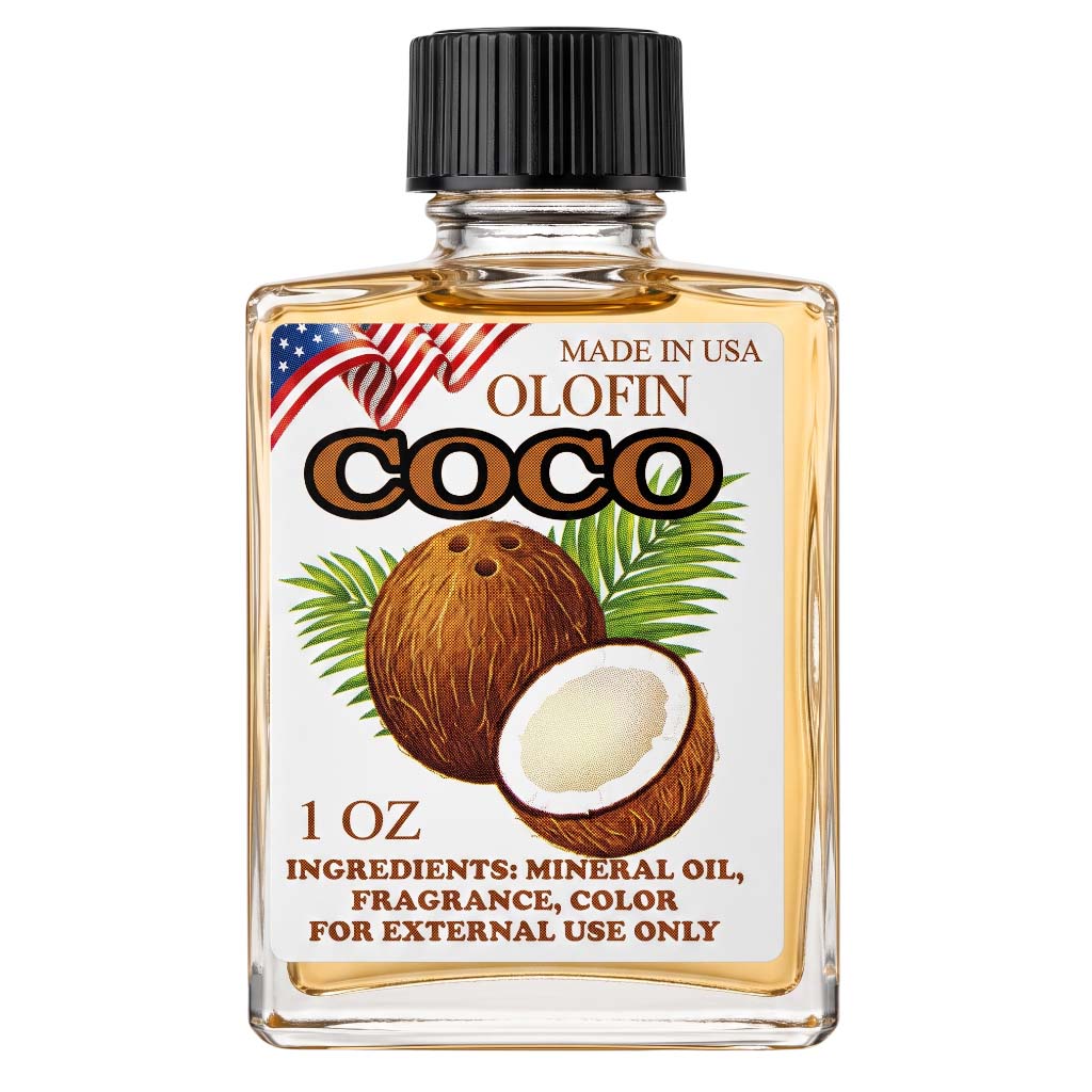 A 1 oz clear glass bottle of Olofin Coco fragrance oil with a black cap, featuring a coconut and palm leaf label on a white background.