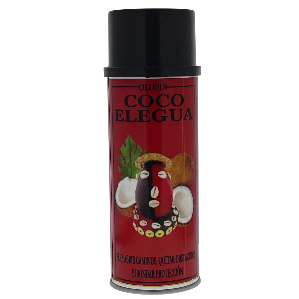 A can of Olofin Coco Elegua spiritual spray with a red label and black cap, shown on a plain white background.