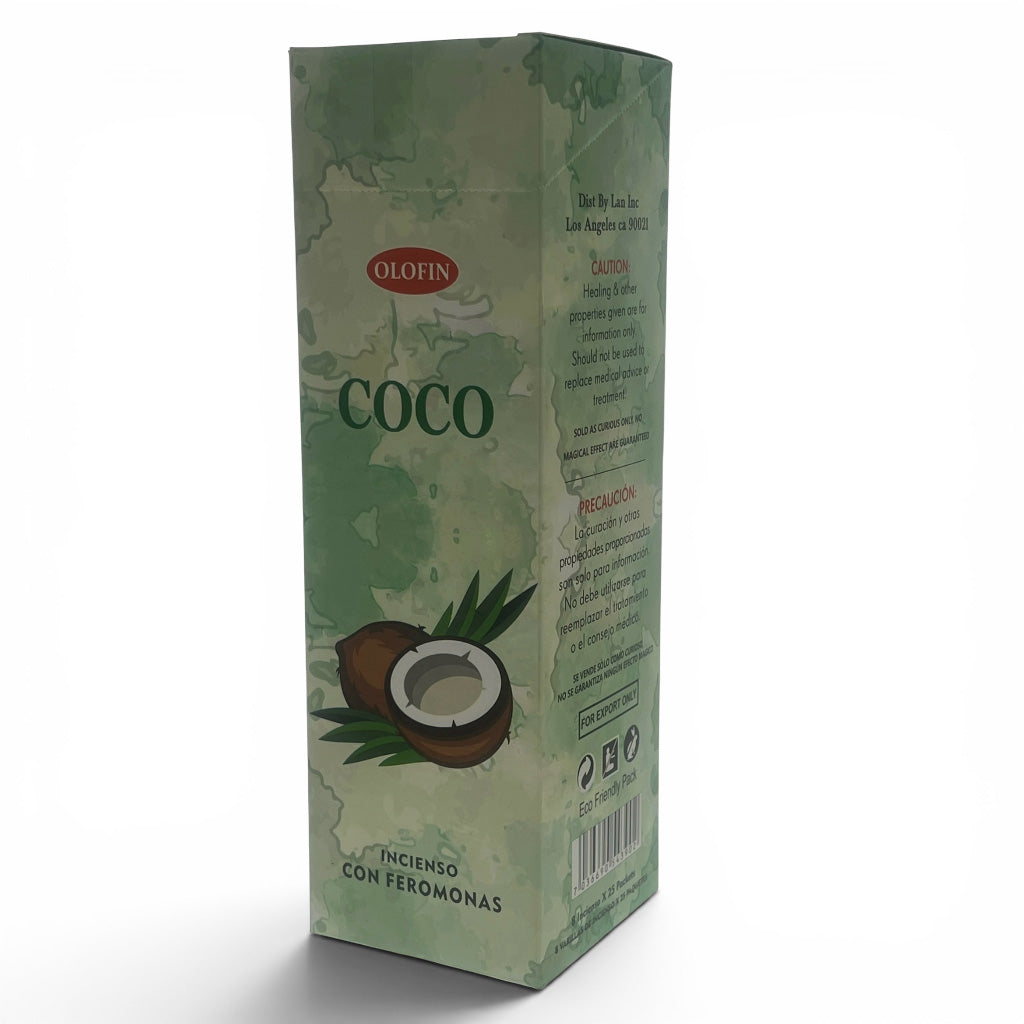 A tall rectangular box of Olofin Coco Incienso con Feromonas, featuring a light green and beige map-like background with an illustration of a halved coconut and green leaves.