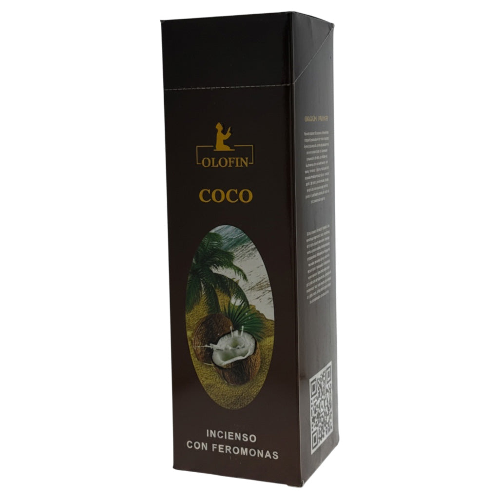 A tall, narrow black box for Olofin Coco Incienso con Feromonas, featuring a graphic of a coconut on the front and product details on a white background.