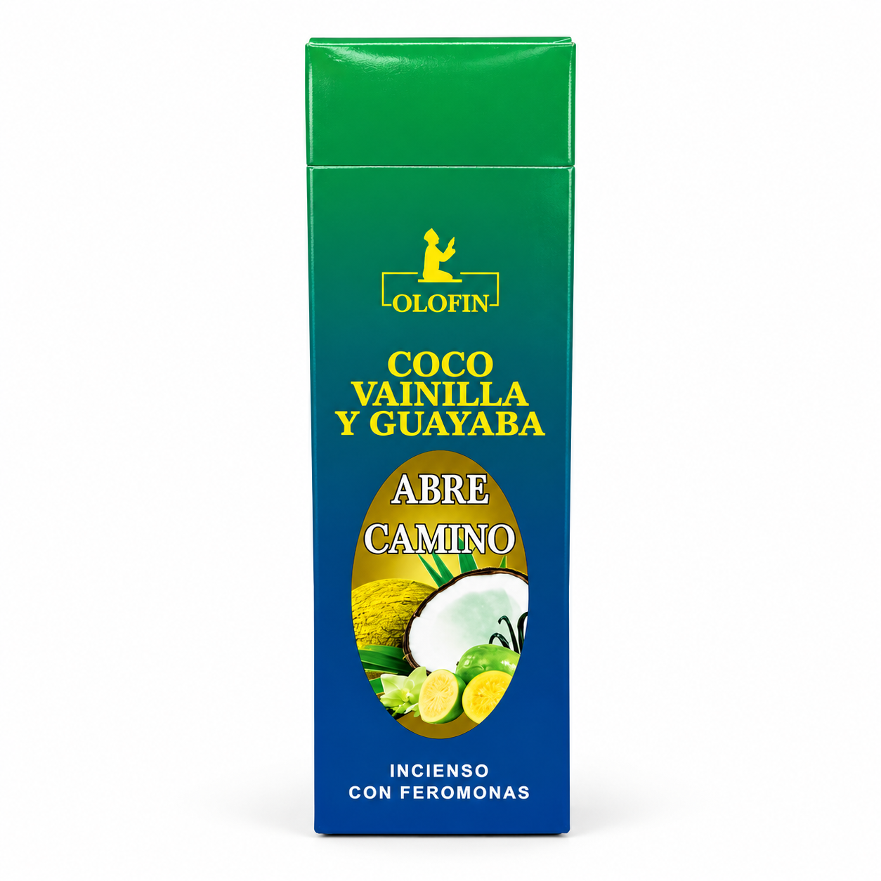 A rectangular box of Olofin 'Coco Vainilla y Guayaba' incense with 'Abre Camino' scent, featuring a green-to-blue gradient design with yellow text and a central graphic of a coconut and lime.