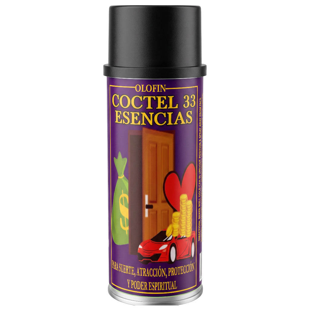 A can of Olofin Coctel 33 Esencias spray, featuring a purple label with gold lettering and illustrations of a door, money bag, red heart, and red sports car, topped with a black cap.