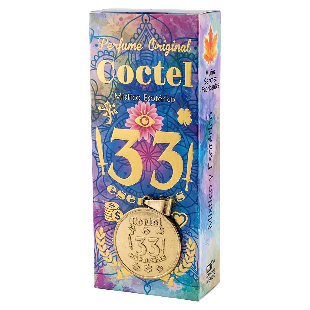 Colorful packaging of Coctel 33 with decorative elements on a white background