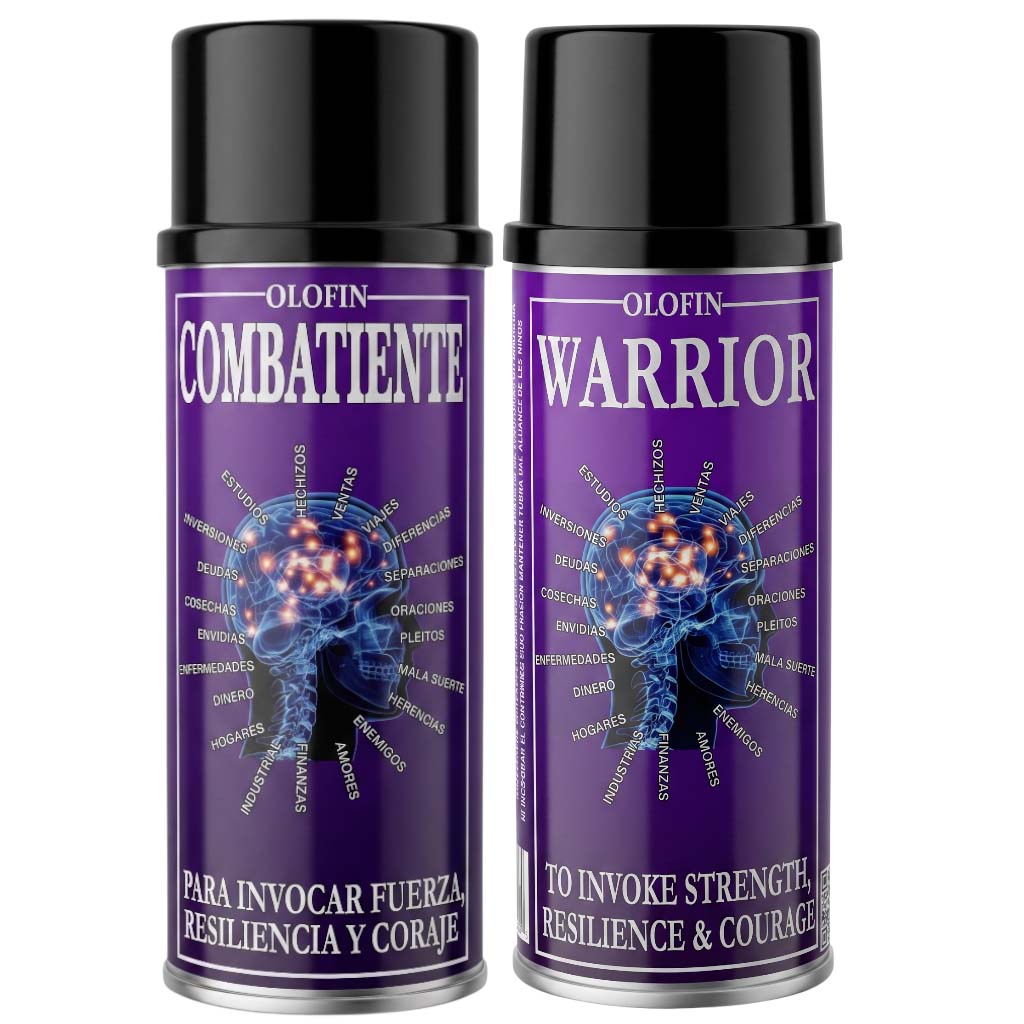 Two Olofin Warrior Combatante spray cans with black caps and purple labels, featuring a glowing human brain graphic, on a white background.