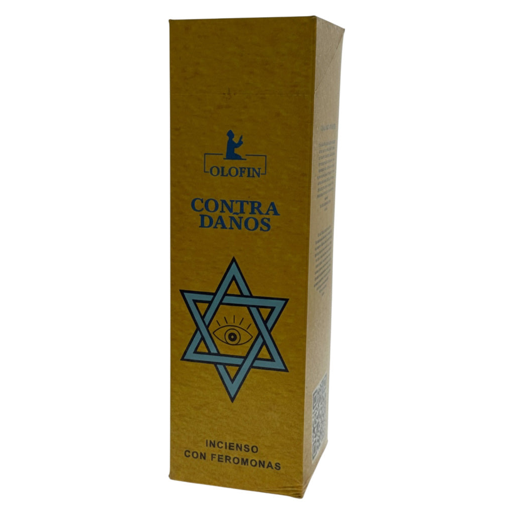 A tall rectangular golden-brown box for Olofin Contra Danos incense with feromonas, featuring a blue Star of David with an eye design and Spanish text, on a white background.