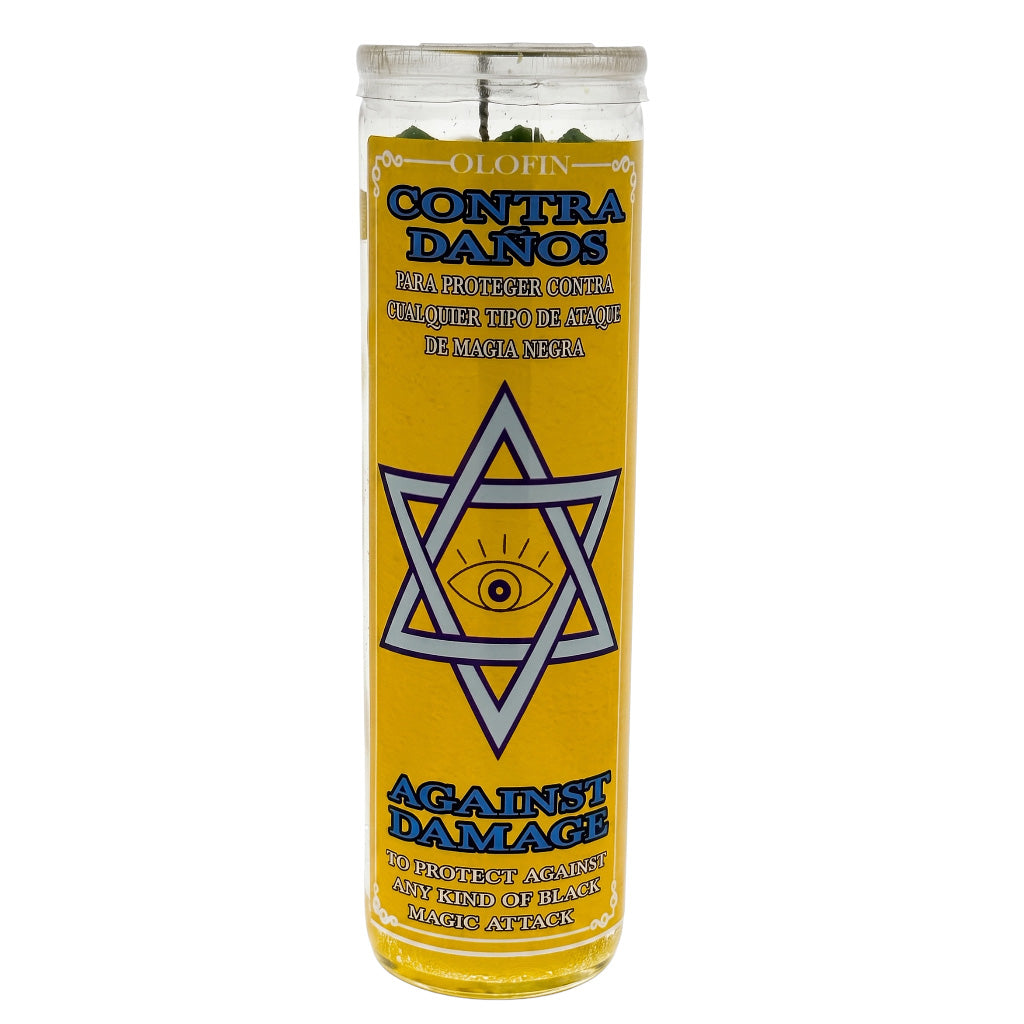 A tall glass prayer candle with a yellow label reading 'CONTRA DANOS' and 'AGAINST DAMAGE,' featuring a blue and white Star of David with an eye design. The candle is shown on a plain white background.