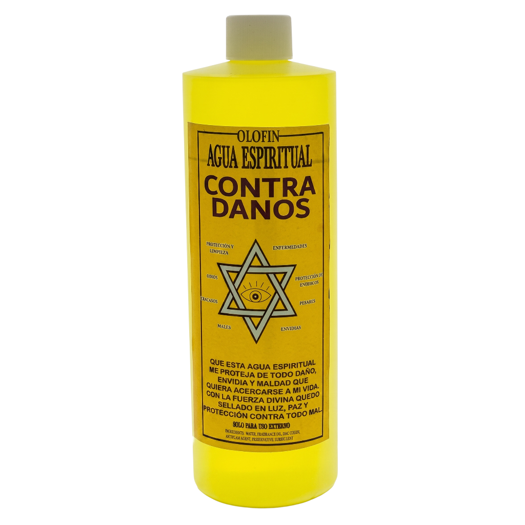 A translucent yellow bottle of Olofin Agua Espiritual 'Contra Danos' spiritual protection liquid, featuring a yellow label with black text and a Star of David design, on a white background.