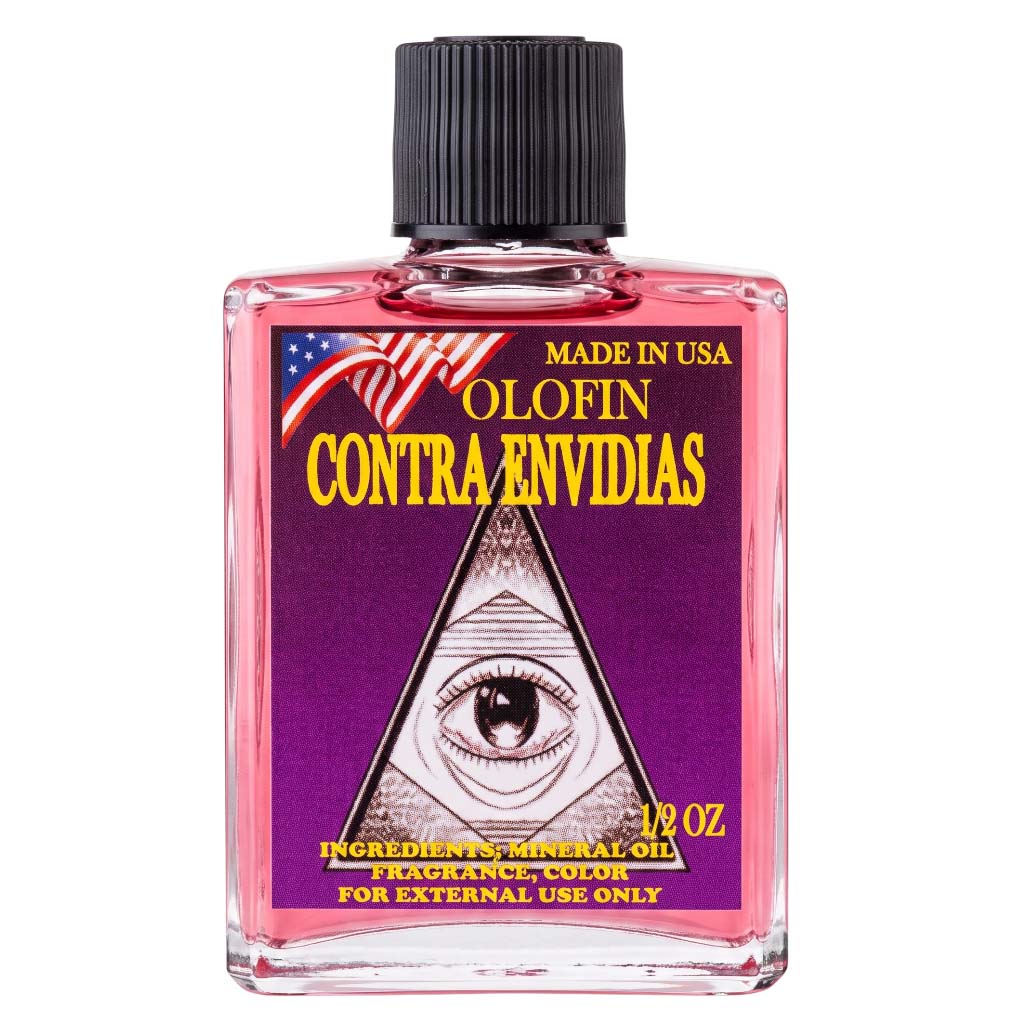A 1.8 oz glass bottle of Olofin Contra Envidias fragrance color, featuring a purple label with an all-seeing eye pyramid graphic and a black cap, set against a plain white background.