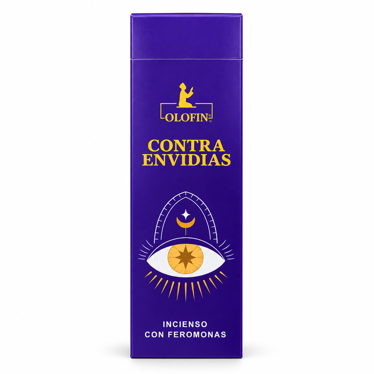 A tall rectangular purple box for Olofin Contra Envidias incense with feromonas, featuring yellow text and a stylized eye illustration with a crescent moon and star.